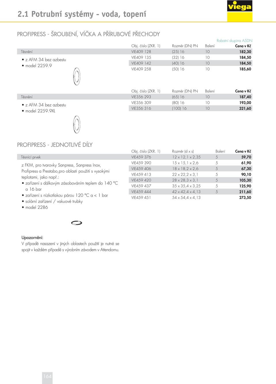 1) Rozměr (DN) PN Balení Cena v Kč Těsnění VIE356 293 (65) 16 10 187,40 z AFM 34 bez azbestu VIE356 309 (80) 16 10 193,00 model 2259.9XL VIE356 316 (100) 16 10 321,60 PROFIPRESS - JEDNOTLIVÉ DÍLY Obj.