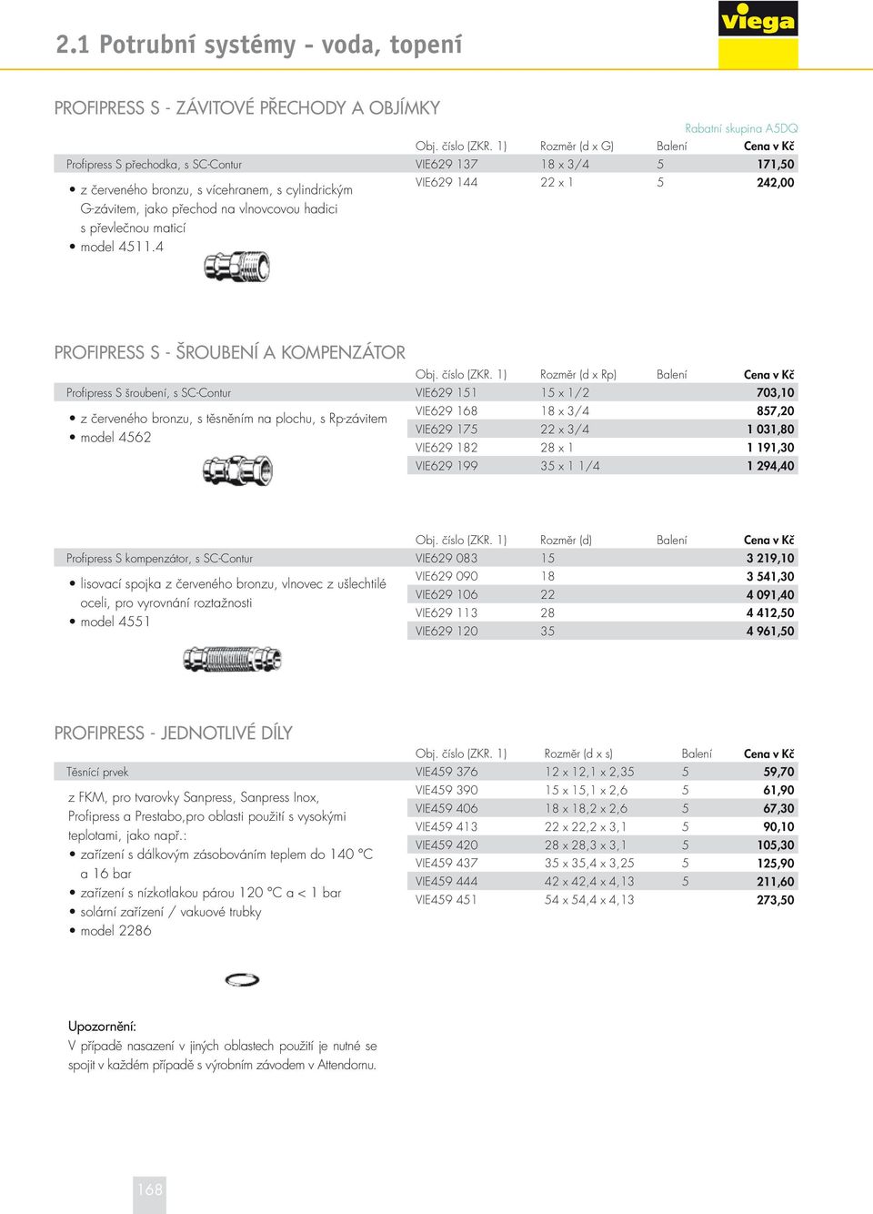 převlečnou maticí model 4511.4 VIE629 144 22 x 1 5 242,00 PROFIPRESS S - ŠROUBENÍ A KOmPENZÁTOR Obj. číslo (ZKR.