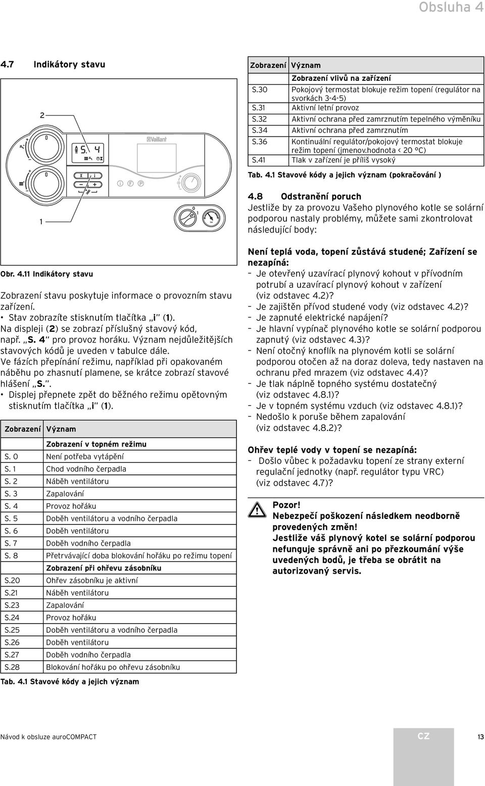 4 Tlak v zařízení je příliš vysoký Tab. 4. Stavové kódy a jejich význam (pokračování ) 4.