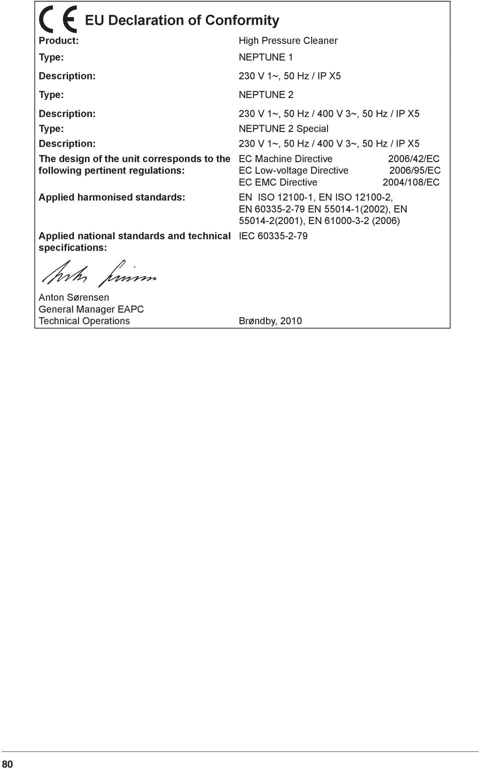 Machine Directive EC Low-voltage Directive EC EMC Directive Applied harmonised standards: EN ISO 121-1, EN ISO 121-2, EN 6335-2-79 EN 5514-1(22), EN 5514-2(21), EN