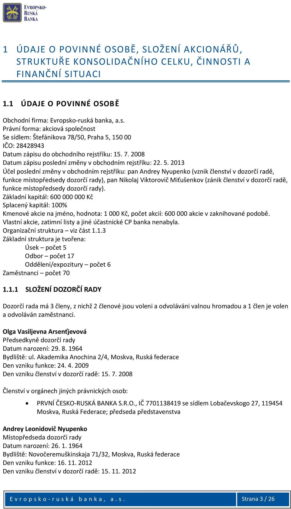 5. 2013 Účel poslední změny v obchodním rejstříku: pan Andrey Nyupenko (vznik členství v dozorčí radě, funkce místopředsedy dozorčí rady), pan Nikolaj Viktorovič Miťušenkov (zánik členství v dozorčí