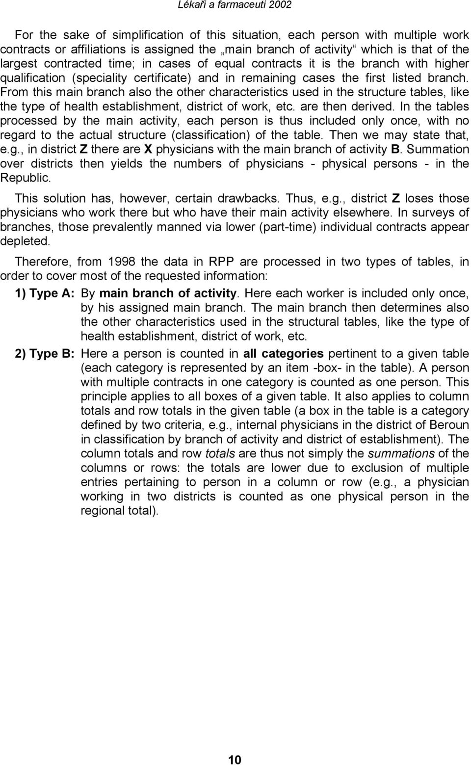 From this main branch also the other characteristics used in the structure tables, like the type of health establishment, district of work, etc. are then derived.