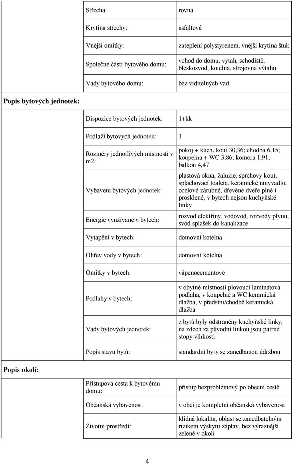 Energie využívané v bytech: Vytápění v bytech: Ohřev vody v bytech: Omítky v bytech: Podlahy v bytech: Vady bytových jednotek: Popis stavu bytů: pokoj + kuch.