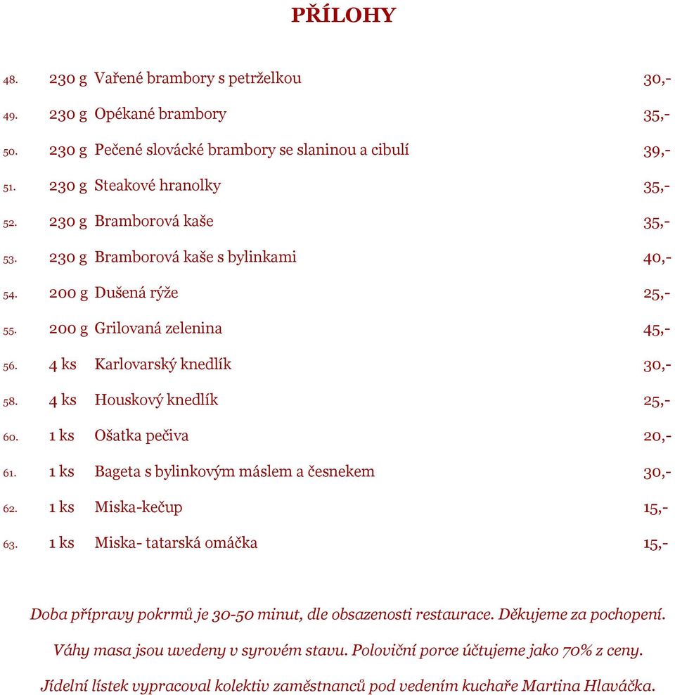 4 ks Houskový knedlík 25,- 60. 1 ks Ošatka pečiva 20,- 61. 1 ks Bageta s bylinkovým máslem a česnekem 30,- 62. 1 ks Miska-kečup 15,- 63.