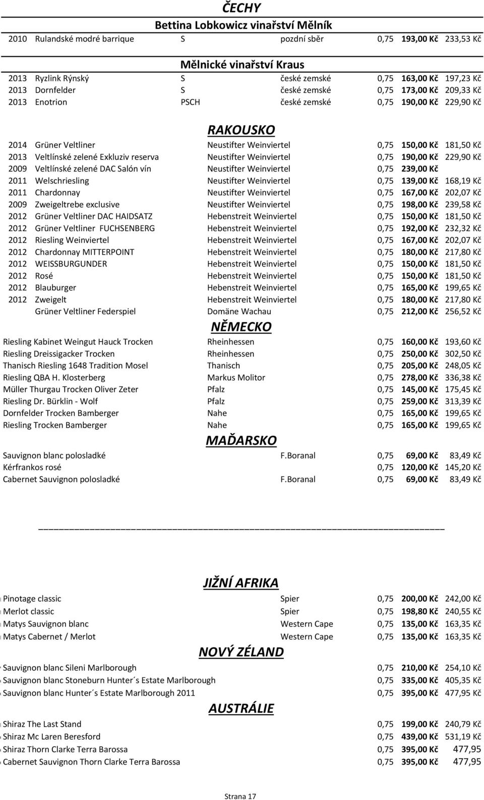 Kč 2009 Veltlínské zelené DAC Salón vín Neustifter Weinviertel 0,75 239,00 Kč 2011 Welschriesling Neustifter Weinviertel 0,75 139,00 Kč 168,19 Kč 2011 Chardonnay Neustifter Weinviertel 0,75 167,00 Kč