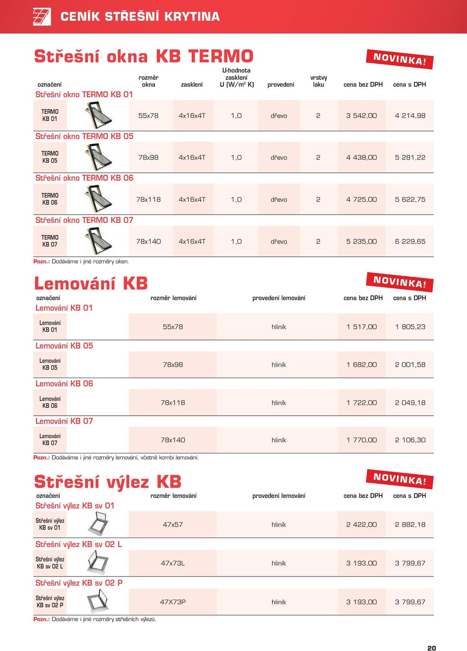 542,00 4 214,98 TERMO KB 05 Střešní okno TERMO KB 06 78x98 4x16x4T 1,0 dřevo 2 4 438,00 5 281,22 TERMO KB 06 78x118 4x16x4T 1,0 dřevo 2 4 725,00 5 622,75 Střešní okno TERMO KB 07 TERMO KB 07 78x140