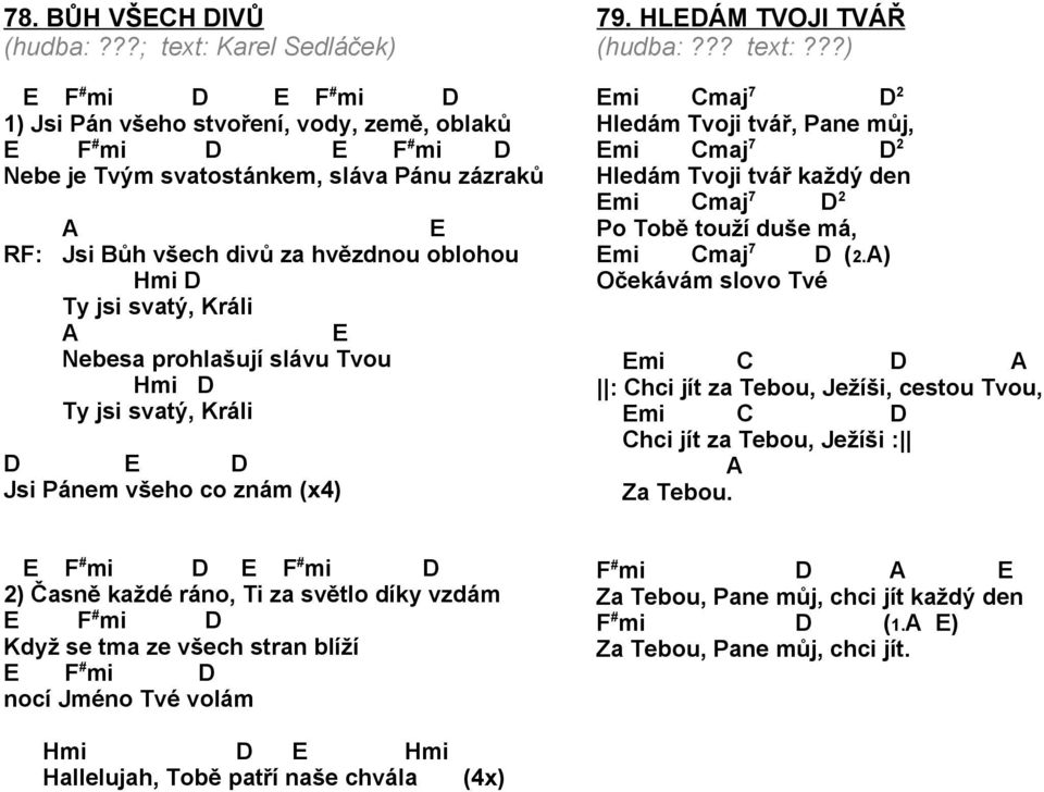 Králi Nebesa prohlašují slávu Tvou Hmi Ty jsi svatý, Králi Jsi Pánem všeho co znám (x4) 79. HLÁM TVOJI TVÁŘ (hudba:??? text:?