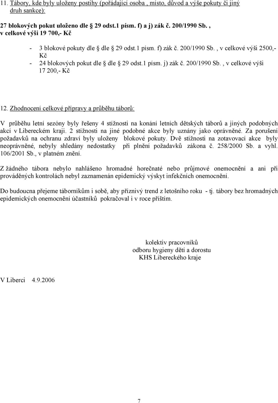 Zhodnocení celkové přípravy a průběhu táborů: V průběhu letní sezóny byly řešeny 4 stížnosti na konání letních dětských táborů a jiných podobných akcí v Libereckém kraji.