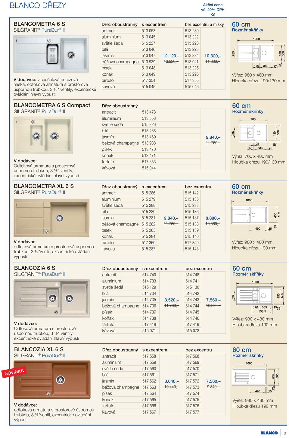 880, písek 513 048 513 225 koňak 513 049 513 226 tartufo 517 354 517 355 kávová 515 045 515 046 Výřez: 980 x 480 mm Hloubka dřezu 190/130 mm BLANCOMETRA 6 S Compact Odtoková armatura s prostorově