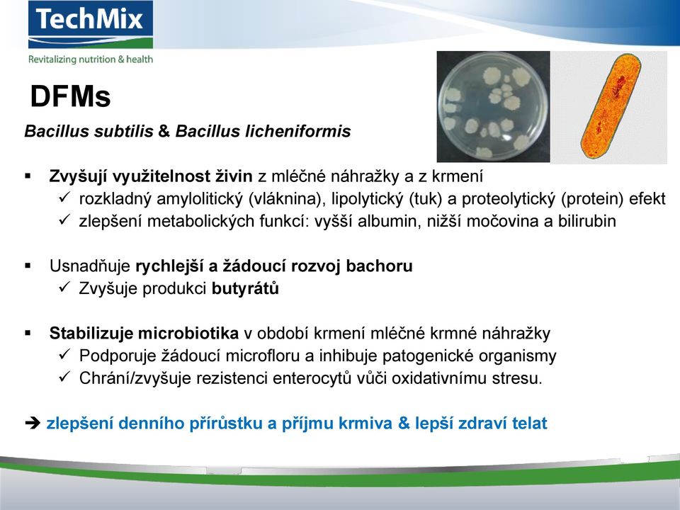 žádoucí rozvoj bachoru Zvyšuje produkci butyrátů Stabilizuje microbiotika v období krmení mléčné krmné náhražky Podporuje žádoucí microfloru a