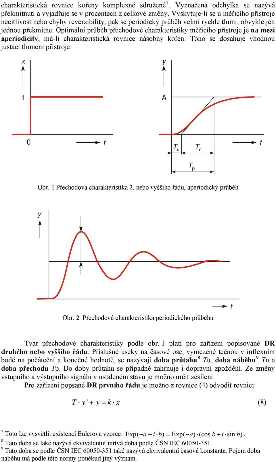 Opimální průběh přechodové charakerisik měřicího přísroje je na mezi aperiodici, má-li charakerisická rovnice násobný kořen. Toho se dosahuje vhodnou jusací lumení přísroje. A 0 T u T n T p Obr.