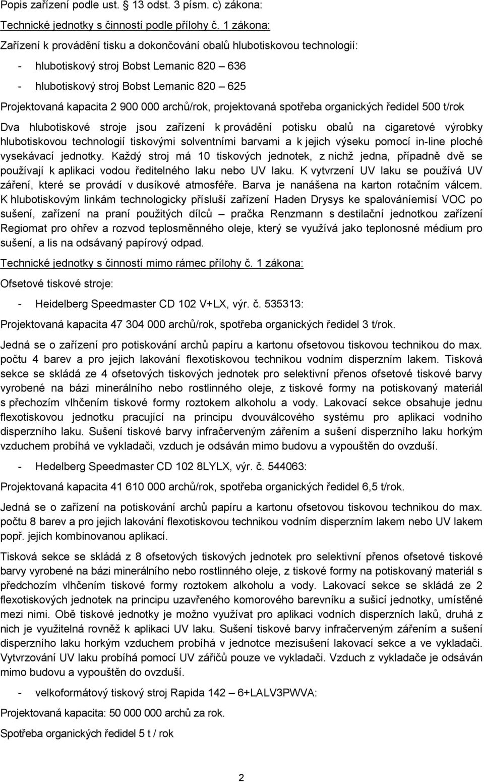 000 archů/rok, projektovaná spotřeba organických ředidel 500 t/rok Dva hlubotiskové stroje jsou zařízení k provádění potisku obalů na cigaretové výrobky hlubotiskovou technologií tiskovými