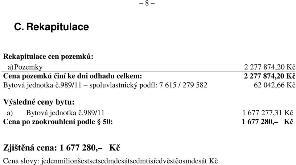 989/11 spoluvlastnický podíl: 7 615 / 279 582 2 277 874,20 Kč 2 277 874,20 Kč 62 042,66 Kč Výsledné