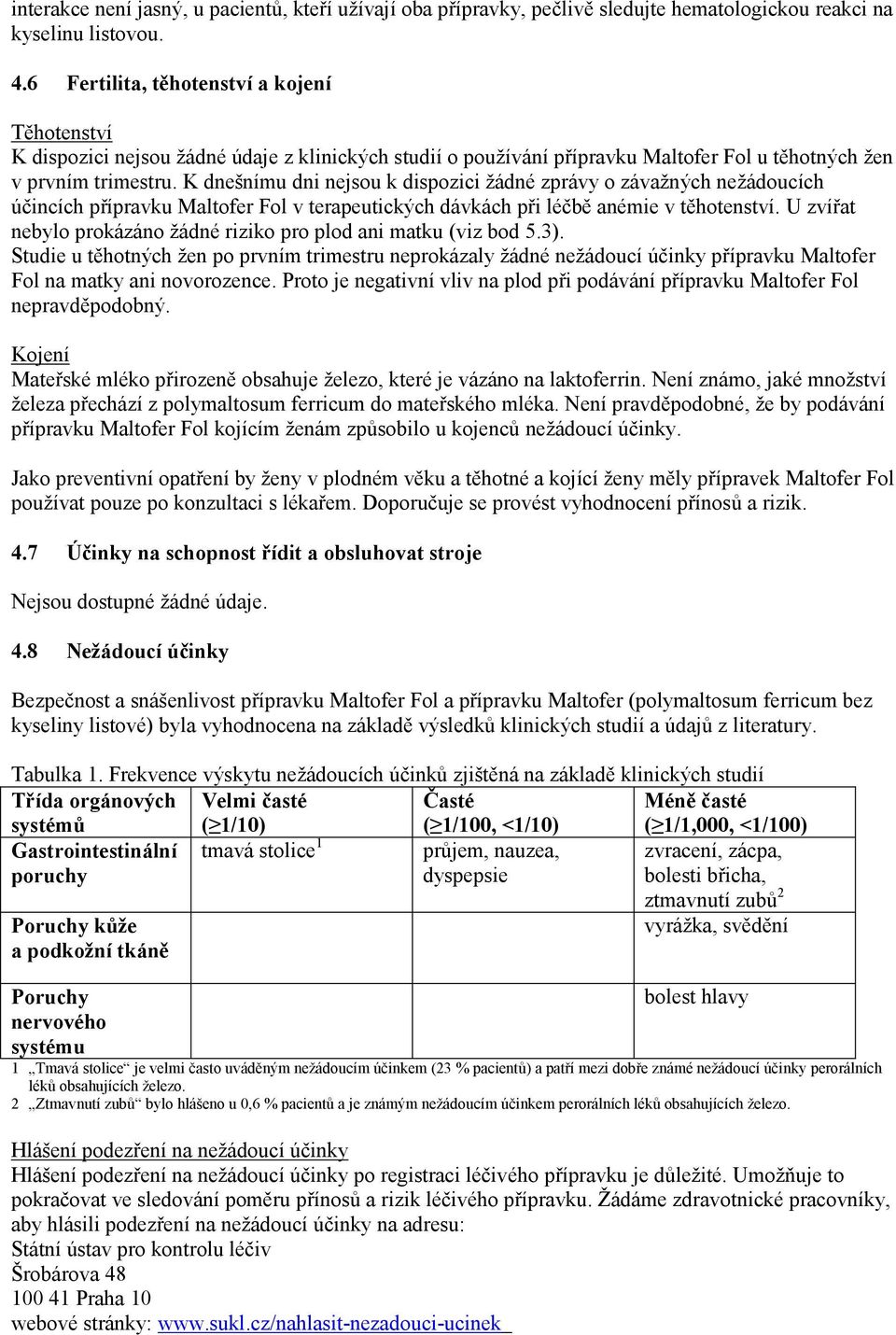 K dnešnímu dni nejsou k dispozici žádné zprávy o závažných nežádoucích účincích přípravku Maltofer Fol v terapeutických dávkách při léčbě anémie v těhotenství.