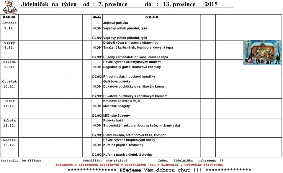 kaše, červená řepa Středa Hovězí vývar s celestýnskými nudlemi 9.XII N,D9 Segedínský guláš, houskové knedlíky D2,9/2 Přírodní guláš, houskové knedlíky Čtvrtek Gulášová polévka 10.12.