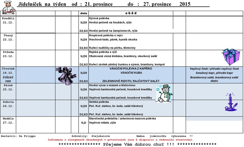 N,D9 Hrachová kaše, párek, kyselá okurka D2,9/2 Kuřecí nudličky na pórku, těstoviny Středa Rajská polévka s rýží 23.12.