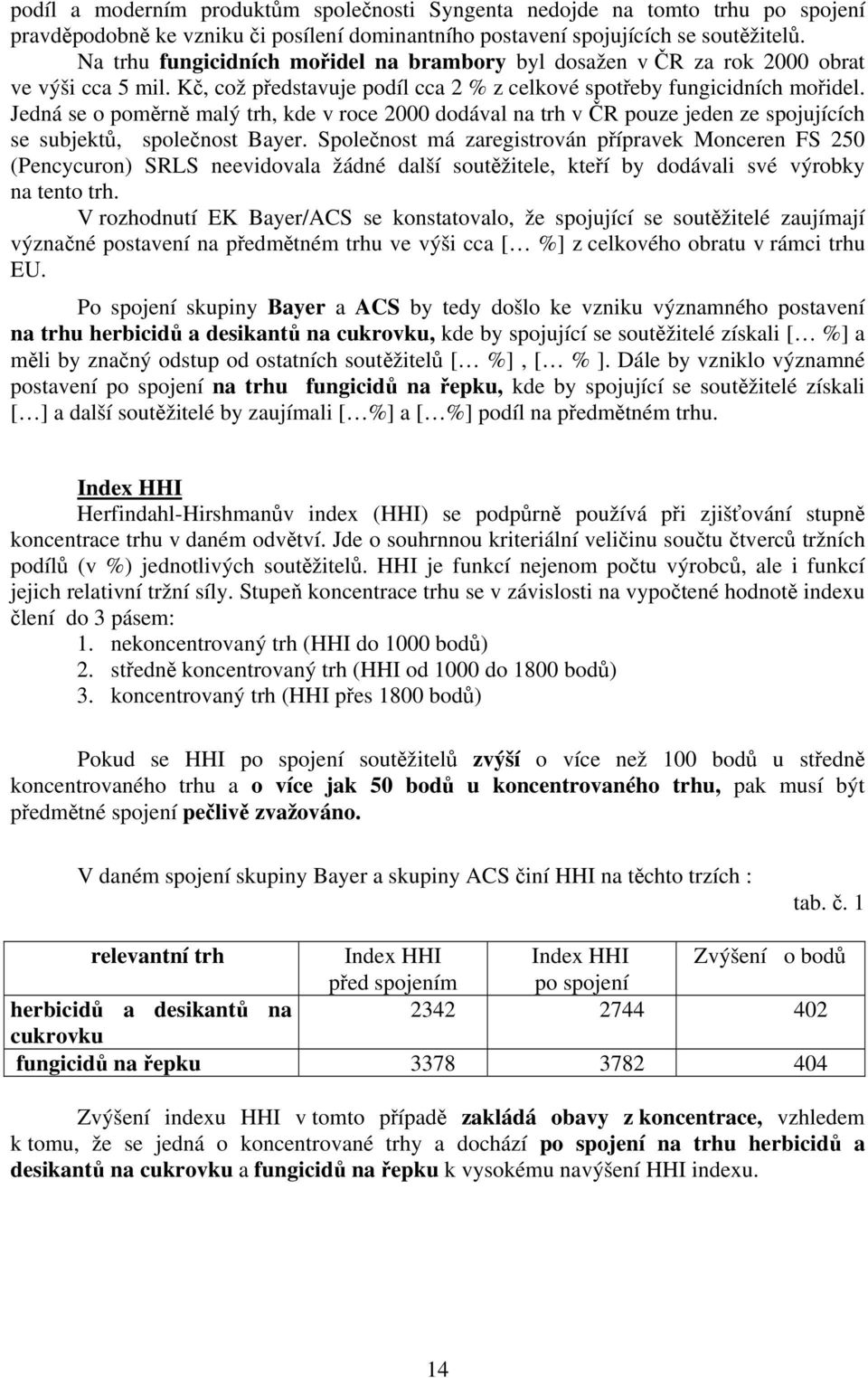 Jedná se o poměrně malý trh, kde v roce 2000 dodával na trh v ČR pouze jeden ze spojujících se subjektů, společnost Bayer.