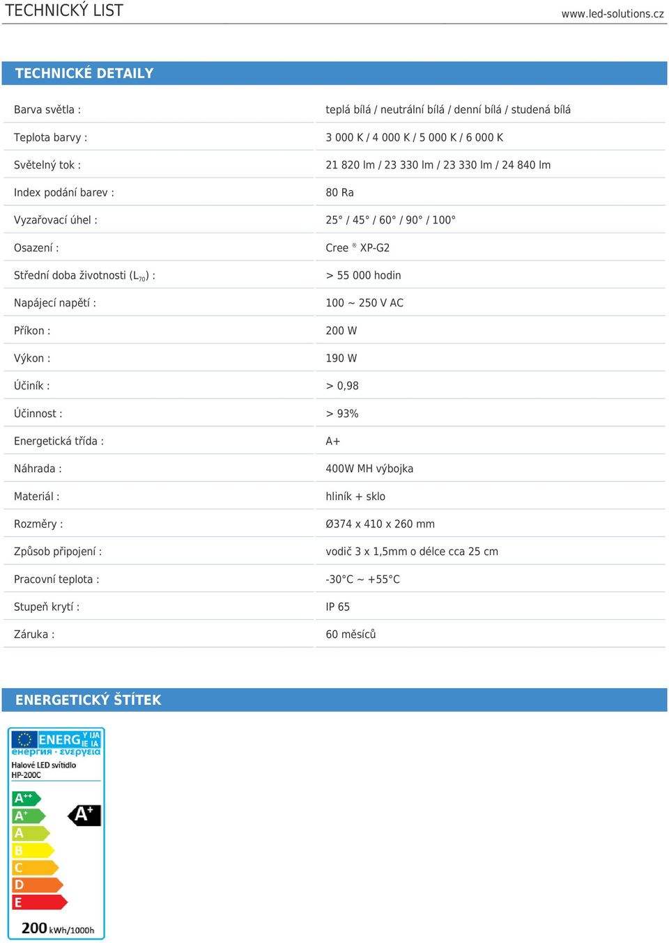 : Výkon : Cree XP-G2 > 55 000 hodin 100 ~ 250 V AC 200 W 190 W Účiník : > 0,98 Účinnost : > 93% Energetická třída : A+ Náhrada : Materiál : Rozměry : Způsob připojení :