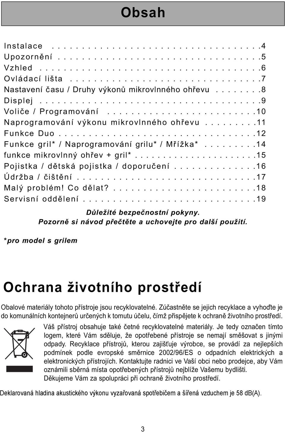 ........................10 Naprogramování výkonu mikrovlnného ohřevu.........11 Funkce Duo.................................12 Funkce gril* / Naprogramování grilu* / Mřížka*.