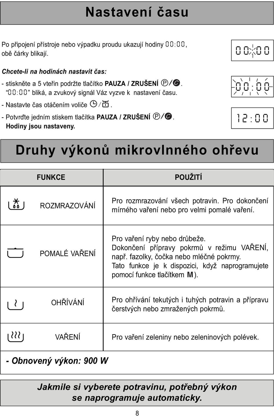 00:00 00:00 12:00 Druhy výkonů mikrovlnného ohřevu FUNKCE POUŽITÍ ROZMRAZOVÁNÍ Pro rozmrazování všech potravin. Pro dokončení mírného vaření nebo pro velmi pomalé vaření.