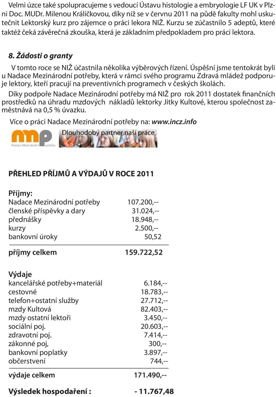 Kurzu se zúčastnilo 5 adeptů, které taktéž čeká závěrečná zkouška, která je základním předpokladem pro práci lektora. 8. Žádosti o granty V tomto roce se NIŽ účastnila několika výběrových řízení.