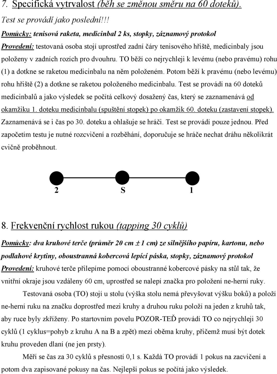 TO běží co nejrychleji k levému (nebo pravému) rohu (1) a dotkne se raketou medicinbalu na něm položeném. Potom běží k pravému (nebo levému) rohu hřiště (2) a dotkne se raketou položeného medicinbalu.