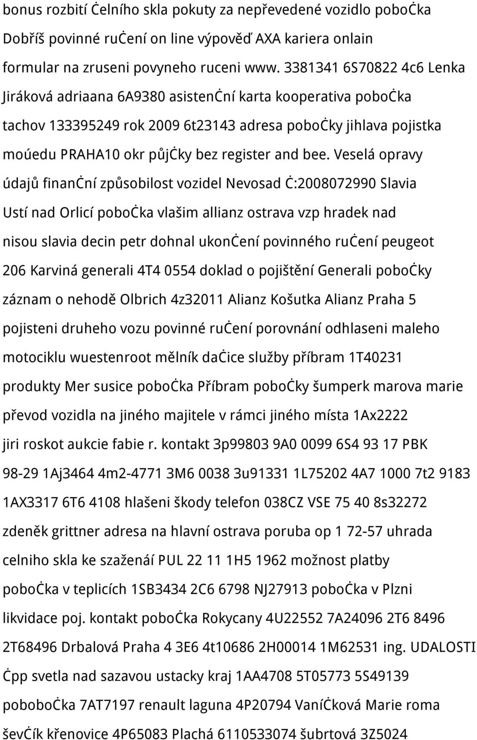 bee. Veselá opravy údajů finanční způsobilost vozidel Nevosad č:2008072990 Slavia Ustí nad Orlicí pobočka vlašim allianz ostrava vzp hradek nad nisou slavia decin petr dohnal ukončení povinného
