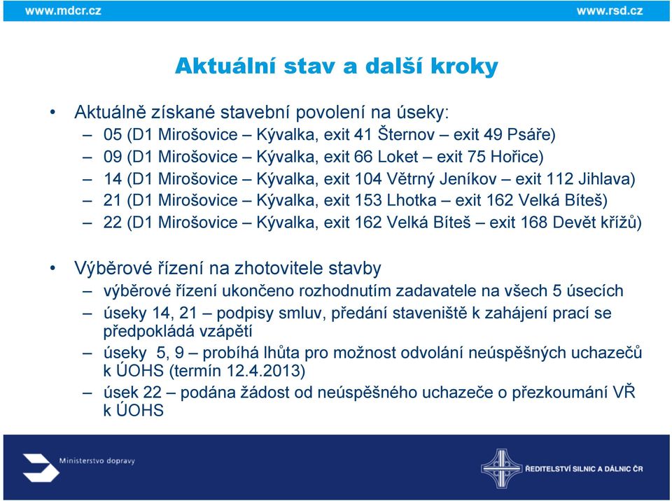 Bíteš exit 168 Devět křížů) Výběrové řízení na zhotovitele stavby výběrové řízení ukončeno rozhodnutím zadavatele na všech 5 úsecích úseky 14, 21 podpisy smluv, předání staveniště k