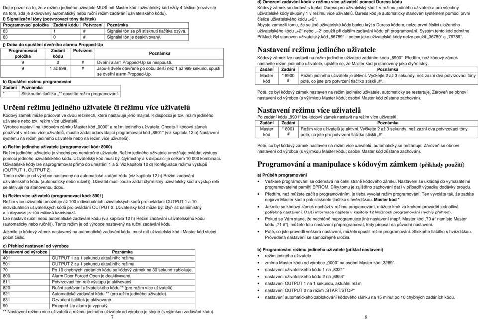 j) Doba do spuštění dveřního alarmu Propped-Up Programovací Potvrzení položka kódu 9 0 # Dveřní alarm Propped-Up se nespouští.