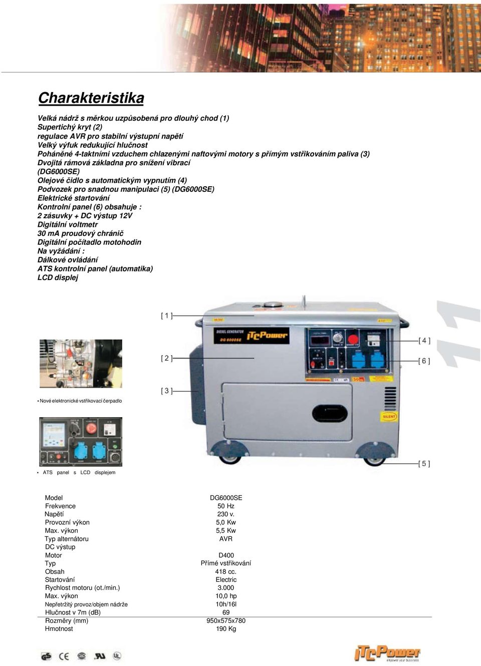 (DG6000SE) Elektrické startování Kontrolní panel (6) obsahuje : 2 zásuvky + DC výstup 12V Digitální voltmetr 30 ma proudový chránič Digitální počítadlo motohodin Na vyžádání : Dálkové ovládání ATS