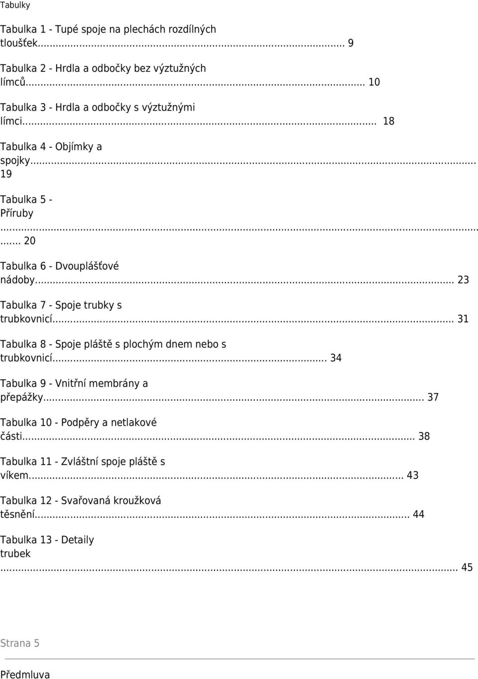 .. 23 Tabulka 7 - Spoje trubky s trubkovnicí... 31 Tabulka 8 - Spoje pláště s plochým dnem nebo s trubkovnicí... 34 Tabulka 9 - Vnitřní membrány a přepážky.