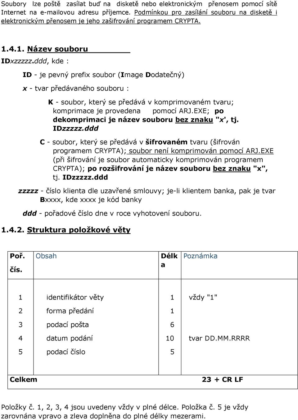 ddd, kde : ID - je pevný prefix soubor (Image Dodatečný) x - tvar předávaného souboru : K - soubor, který se předává v komprimovaném tvaru; komprimace je provedena pomocí ARJ.