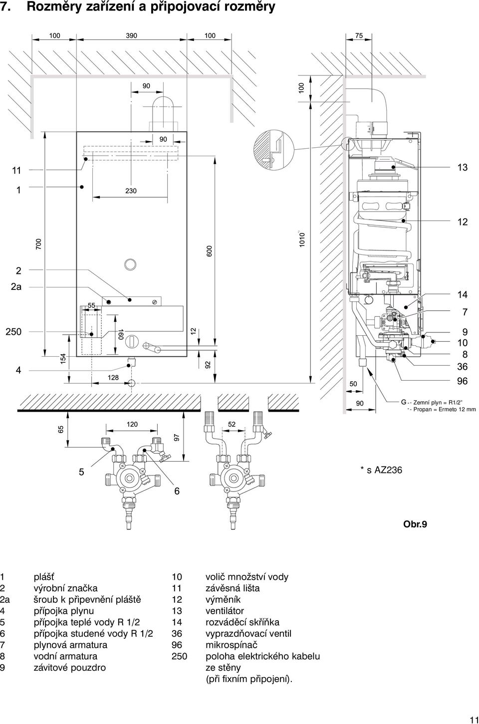 vody R 1/2 7 plynová armatura 8 vodní armatura 9 závitové pouzdro 10 volič množství vody 11 závěsná lišta 12 výměník 13