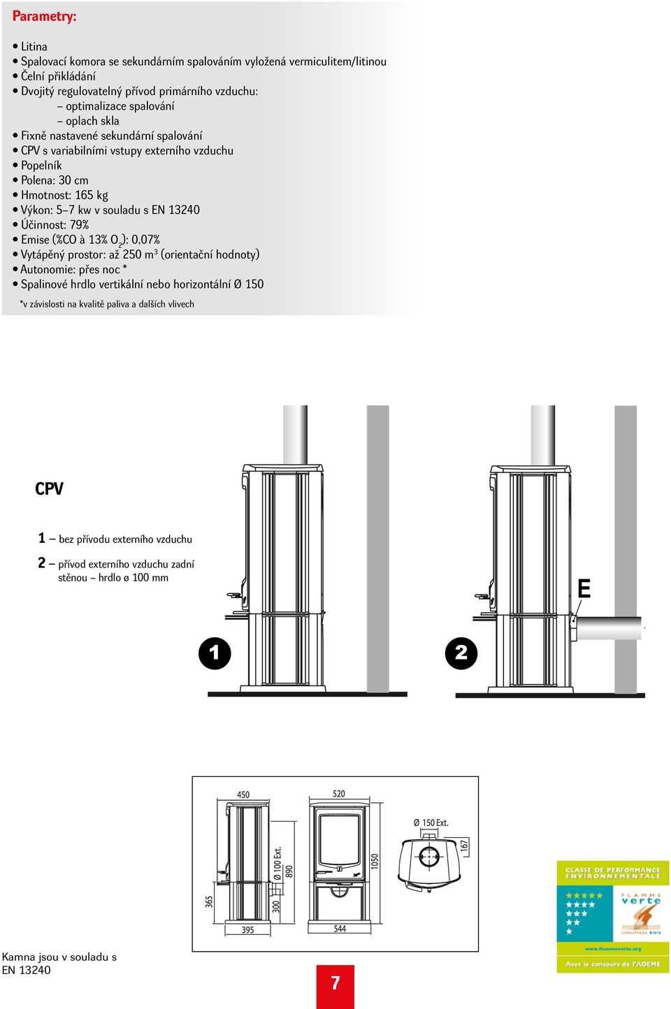 13240 Účinnost: 79% Emise (%CO à 13% O 2 ): 0,07% Vytápěný prostor: až 250 m 3 (orientační hodnoty) Autonomie: přes noc * Spalinové hrdlo vertikální nebo horizontální Ø 150