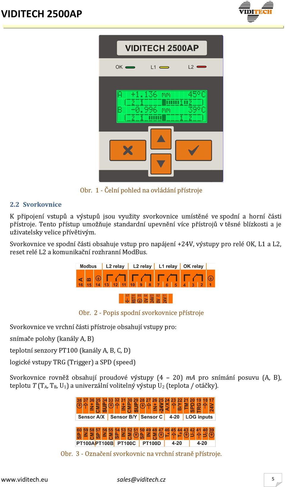 Svorkovnice ve spodní části obsahuje vstup pro napájení +24V, výstupy pro relé OK, L1 a L2, reset relé L2 a komunikační rozhranní ModBus. Obr.