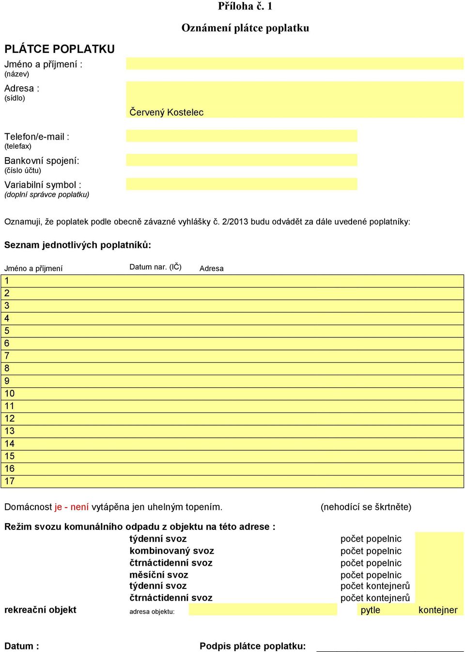 správce poplatku) Oznamuji, že poplatek podle obecně závazné vyhlášky č. 2/2013 budu odvádět za dále uvedené poplatníky: Seznam jednotlivých poplatníků: Jméno a příjmení Datum nar.