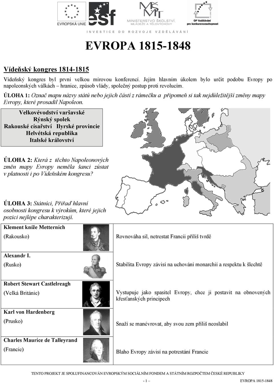 Velkvévdství varšavské Rýnský splek Rakuské císařství Ilyrské prvincie Helvétská republika Italské králvství ÚLOHA 2: Která z těcht Naplenvých změn mapy Evrpy neměla šanci zůstat v platnsti i p