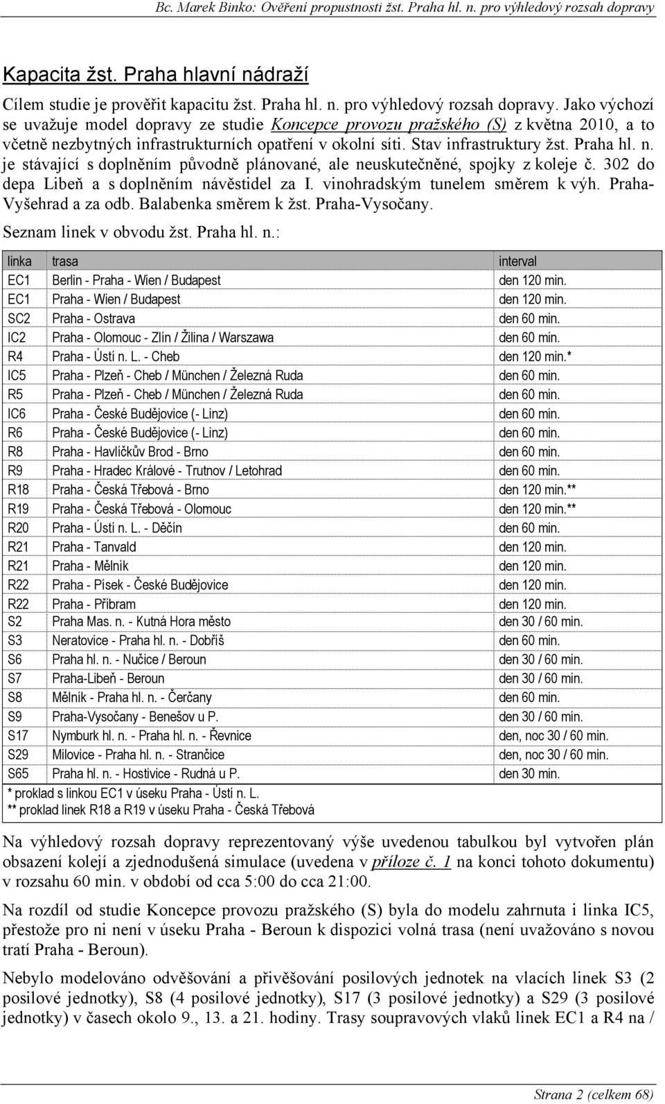 Jako výchozí se uvažuje model dopravy ze studie Koncepce provozu pražského (S) z května 2010, a to včetně nezbytných infrastrukturních opatření v okolní síti. Stav infrastruktury žst. Praha hl. n. je stávající s doplněním původně plánované, ale neuskutečněné, spojky z koleje č.