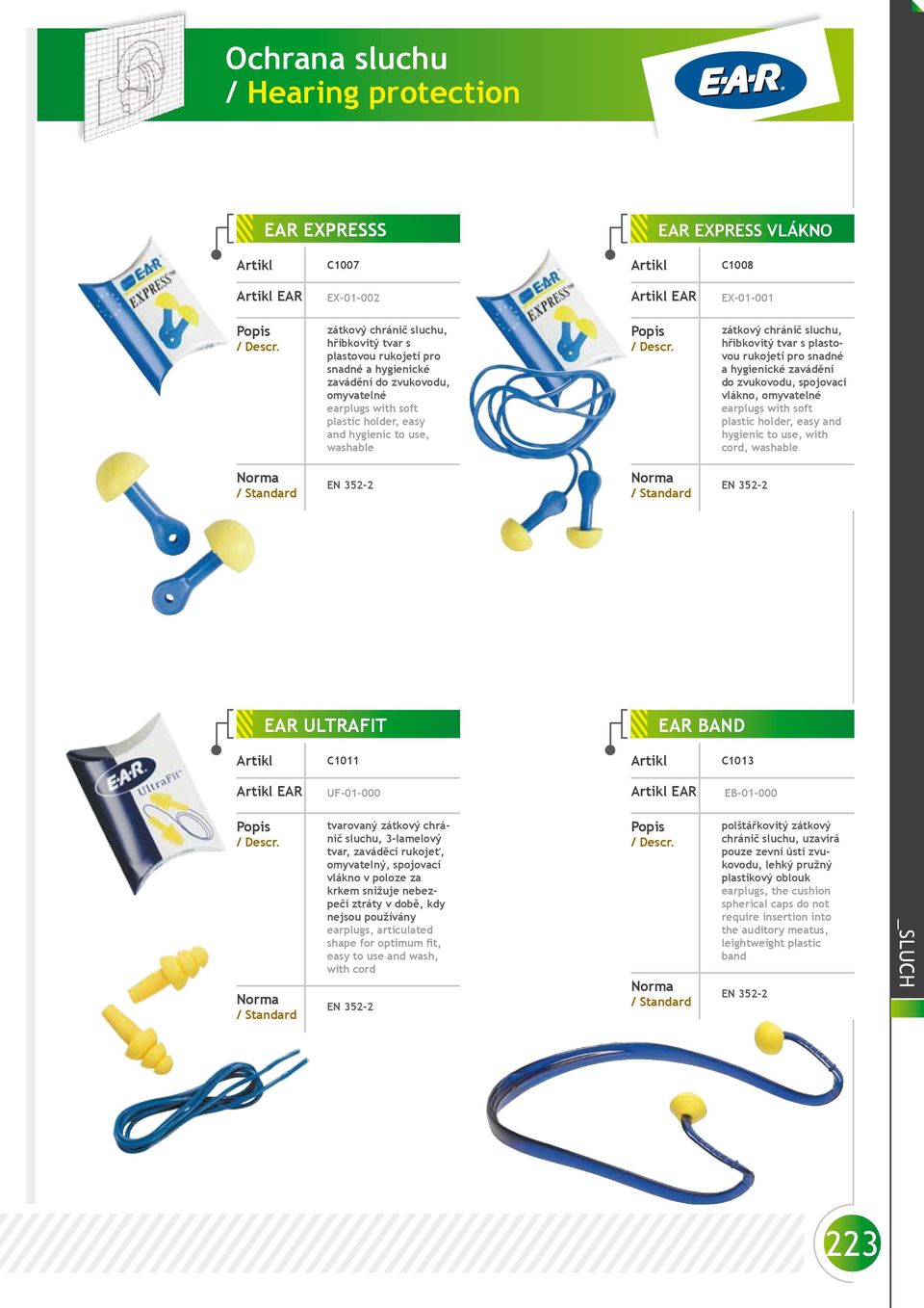 earplugs with soft plastic holder, easy and hygienic to use, with cord, washable EAR ULTRAFIT EAR BAND C1011 C1013 EAR UF-01-000 EAR EB-01-000 tvarovaný zátkový chránič sluchu, 3-lamelový tvar,