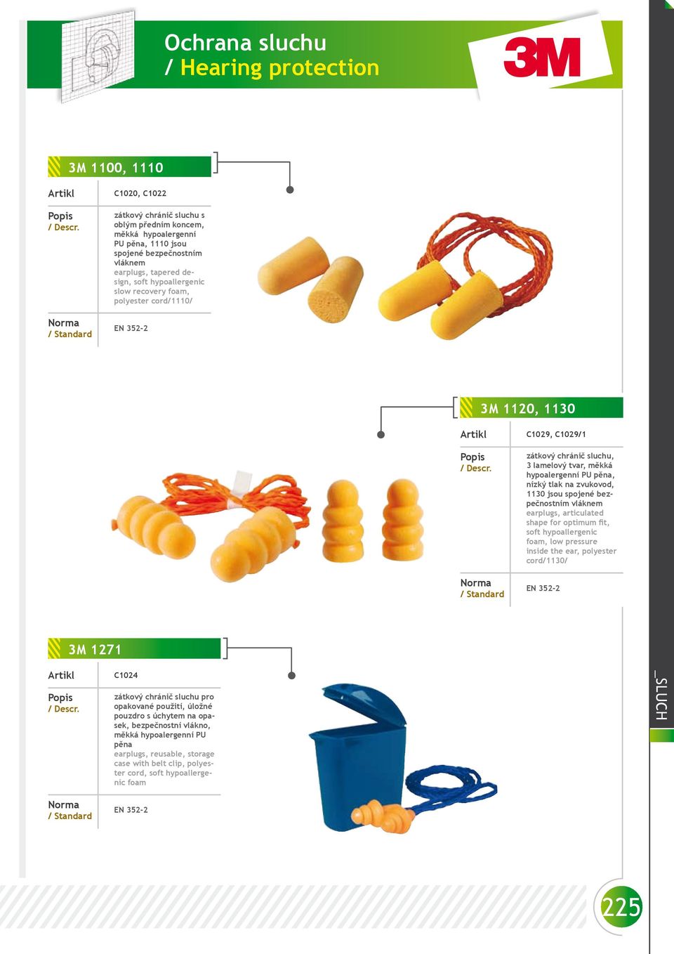 bezpečnostním vláknem earplugs, articulated shape for optimum fit, soft hypoallergenic foam, low pressure inside the ear, polyester cord/1130/ 3M 1271 C1024 zátkový chránič sluchu pro