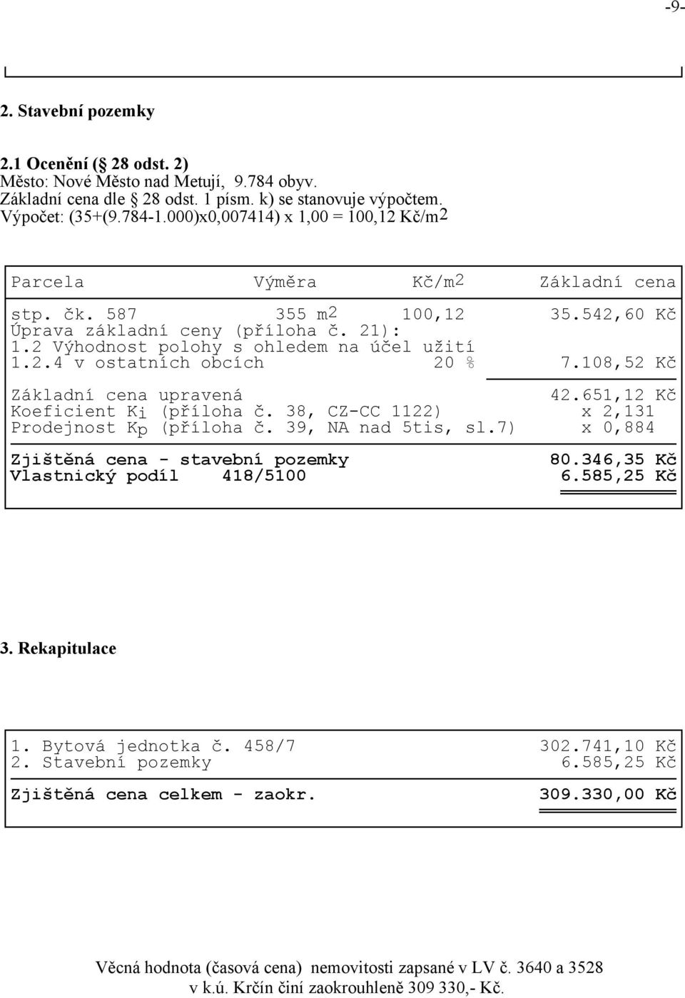 108,52 Kč Základní cena upravená 42.651,12 Kč Koeficient Ki (příloha č. 38, CZ-CC 1122) x 2,131 Prodejnost Kp (příloha č. 39, NA nad 5tis, sl.7) x 0,884 Zjištěná cena - stavební pozemky 80.