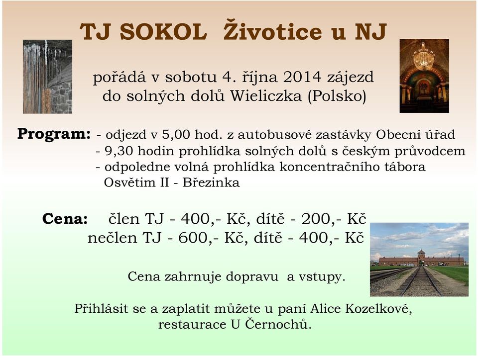 z autobusové zastávky Obecní úřad - 9,30 hodin prohlídka solných dolů s českým průvodcem - odpoledne volná prohlídka