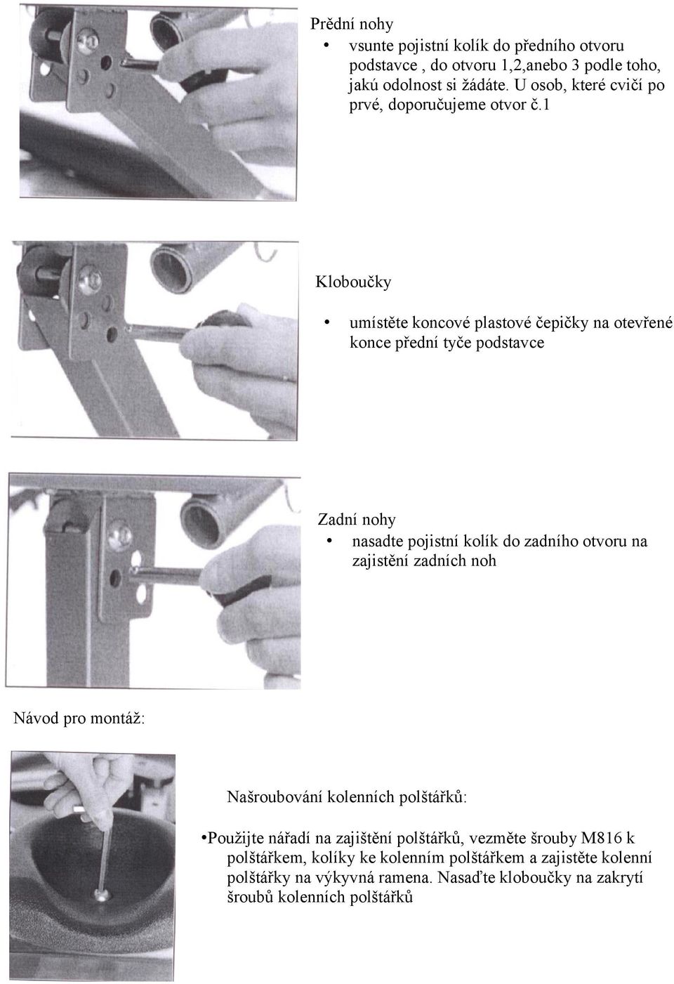 1 Kloboučky umístěte koncové plastové čepičky na otevřené konce přední tyče podstavce Zadní nohy nasadte pojistní kolík do zadního otvoru na