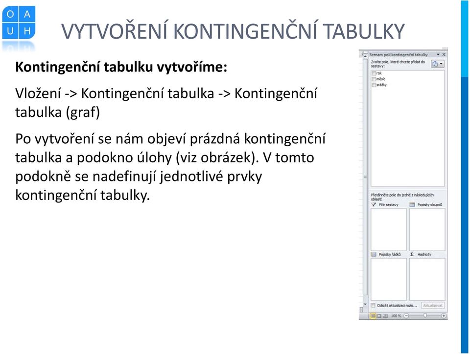 nám objeví prázdná kontingenční tabulka a podokno úlohy (viz obrázek).