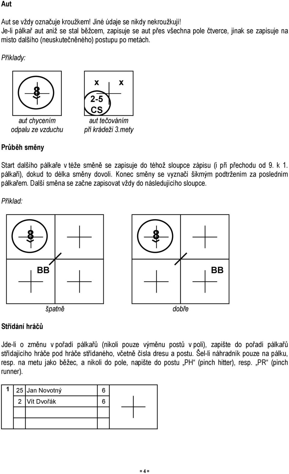 Příklady: 8 aut chycením odpalu ze vzduchu 2-5 CS aut tečováním při krádeži 3.mety Průběh směny Start dalšího pálkaře v téže směně se zapisuje do téhož sloupce zápisu (i při přechodu od 9. k 1.