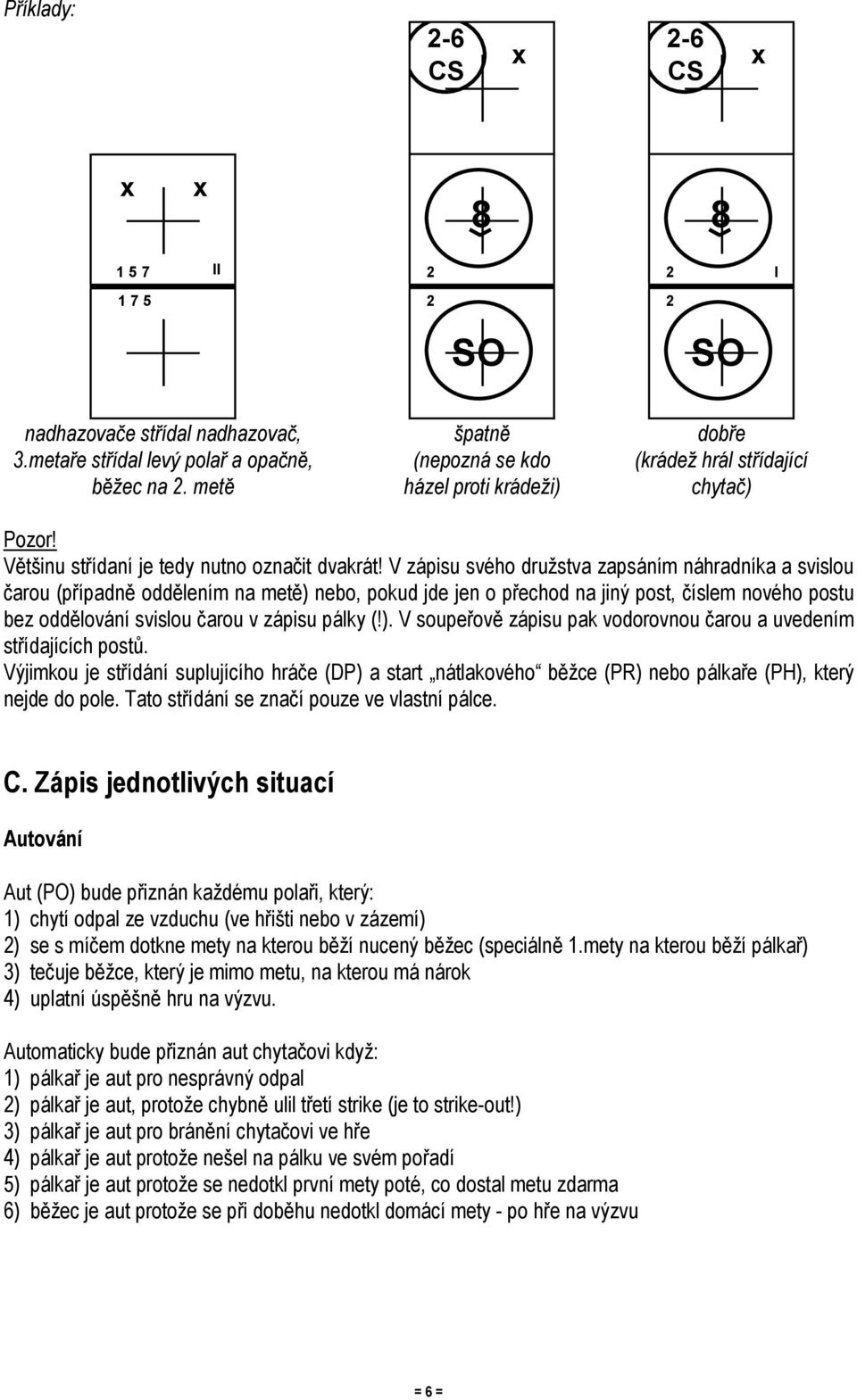 V zápisu svého družstva zapsáním náhradníka a svislou čarou (případně oddělením na metě) nebo, pokud jde jen o přechod na jiný post, číslem nového postu bez oddělování svislou čarou v zápisu pálky (!