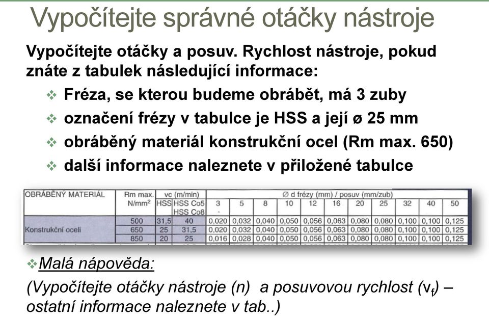 označení frézy v tabulce je HSS a její ø 25 mm obráběný materiál konstrukční ocel (Rm max.