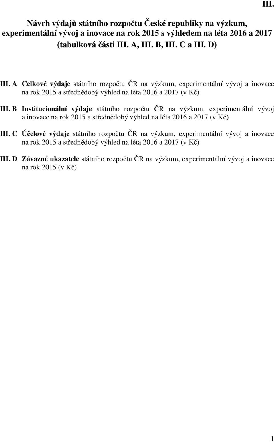 B Institucionální výdaje státního rozpočtu ČR na výzkum, experimentální vývoj a inovace na rok 2015 a střednědobý výhled na léta 2016 a 2017 (v Kč) III.