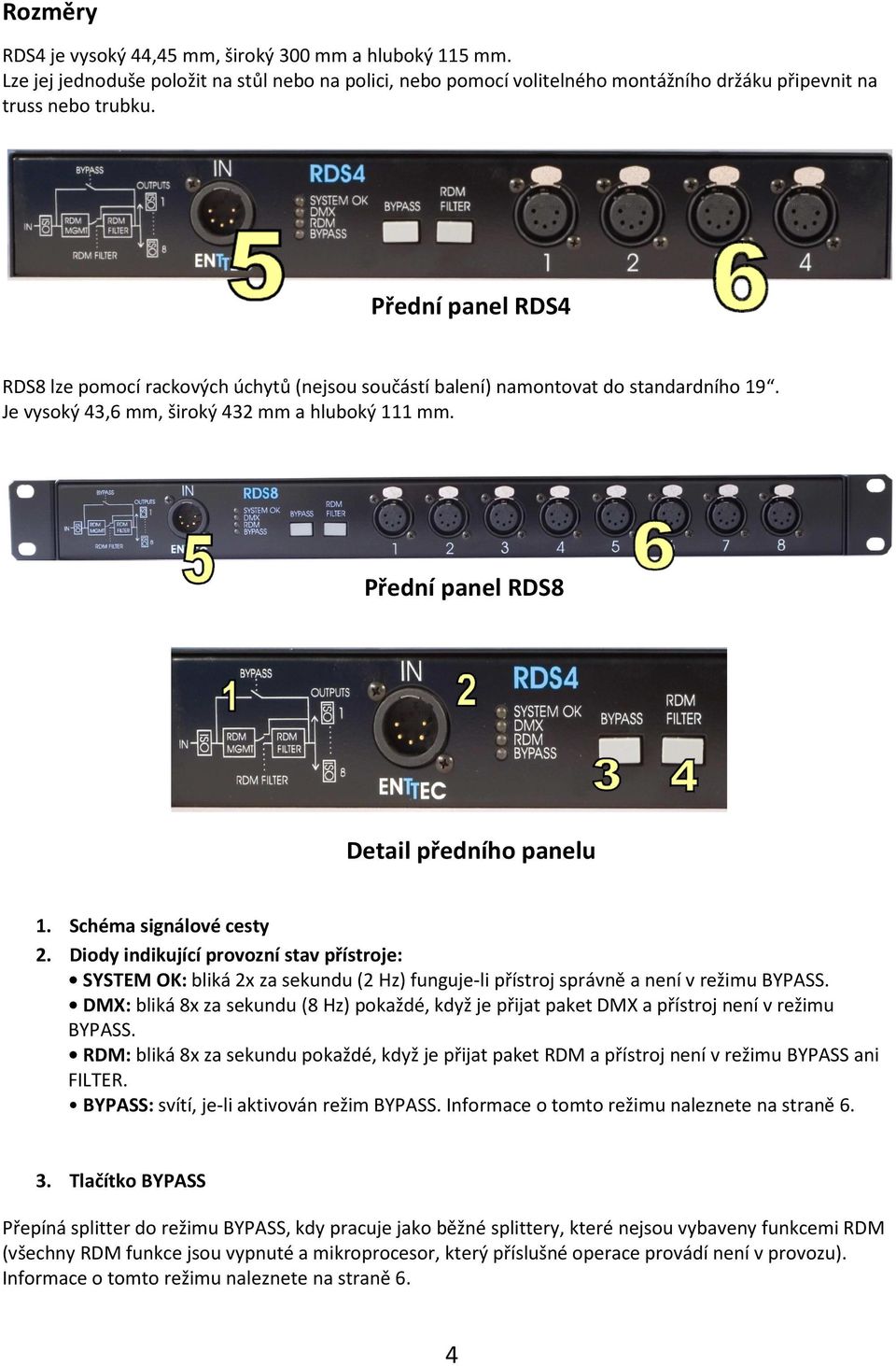 Přední panel RDS8 Detail předního panelu 1. Schéma signálové cesty 2.