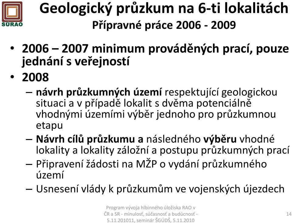 územími výběr jednoho pro průzkumnou etapu Návrh cílů průzkumu a následného výběru vhodné lokality a lokality záložní a